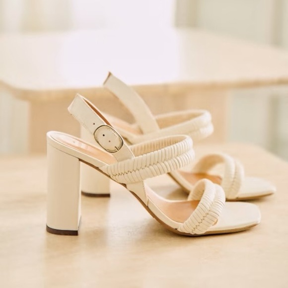Sezane High Arielle Sandals Ecru Ivory Leather Brass Buckle Heels